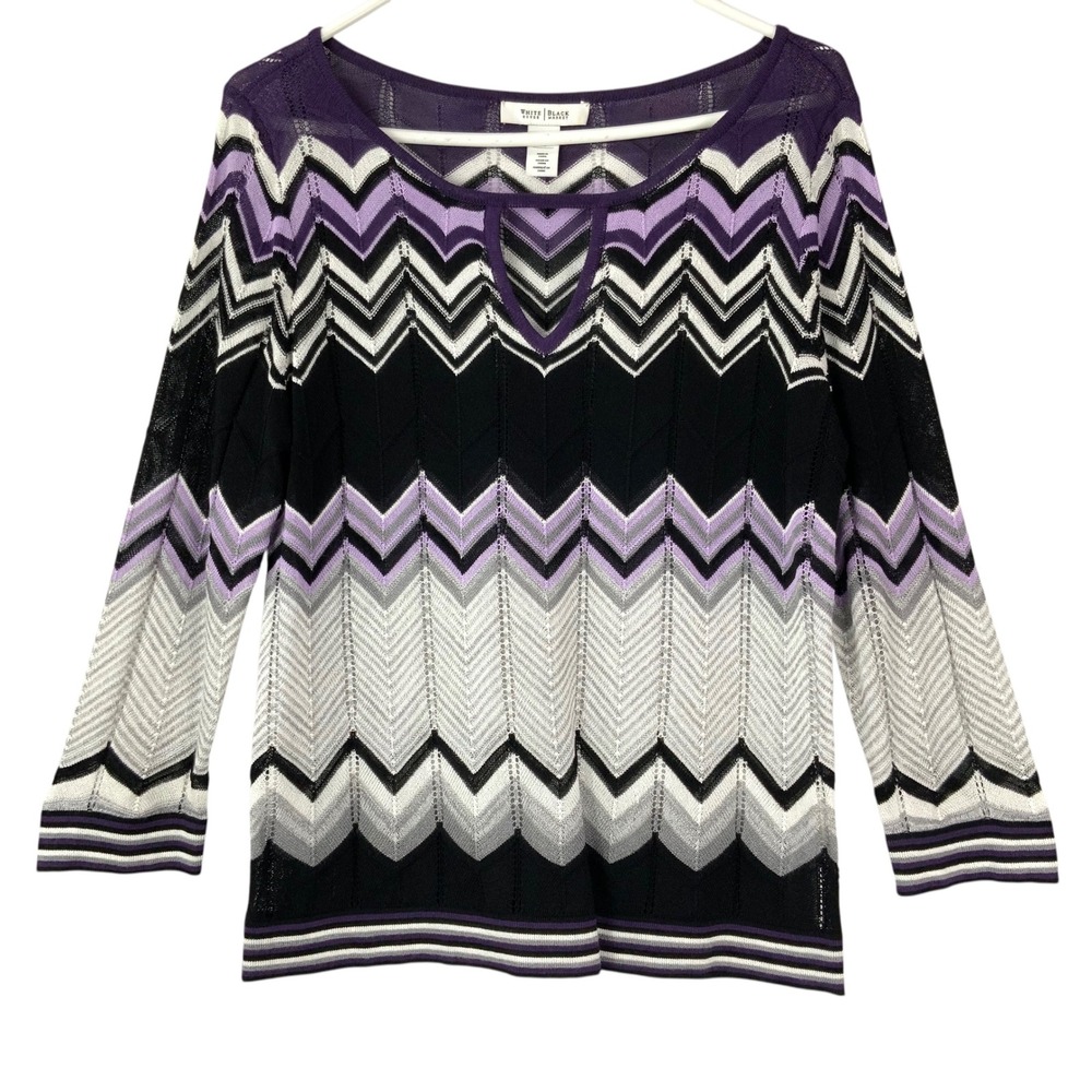 White House Black Market Purple Zigzag Blouse M Pullover Scoop Neck 3/4 Sleeve